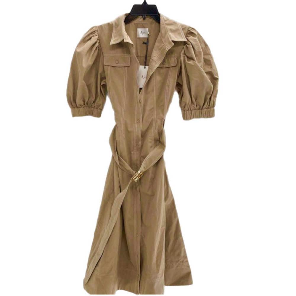 NEW Aje Tan Puff Sleeve Woodland Utility Midi Dress - Picture 3 of 7